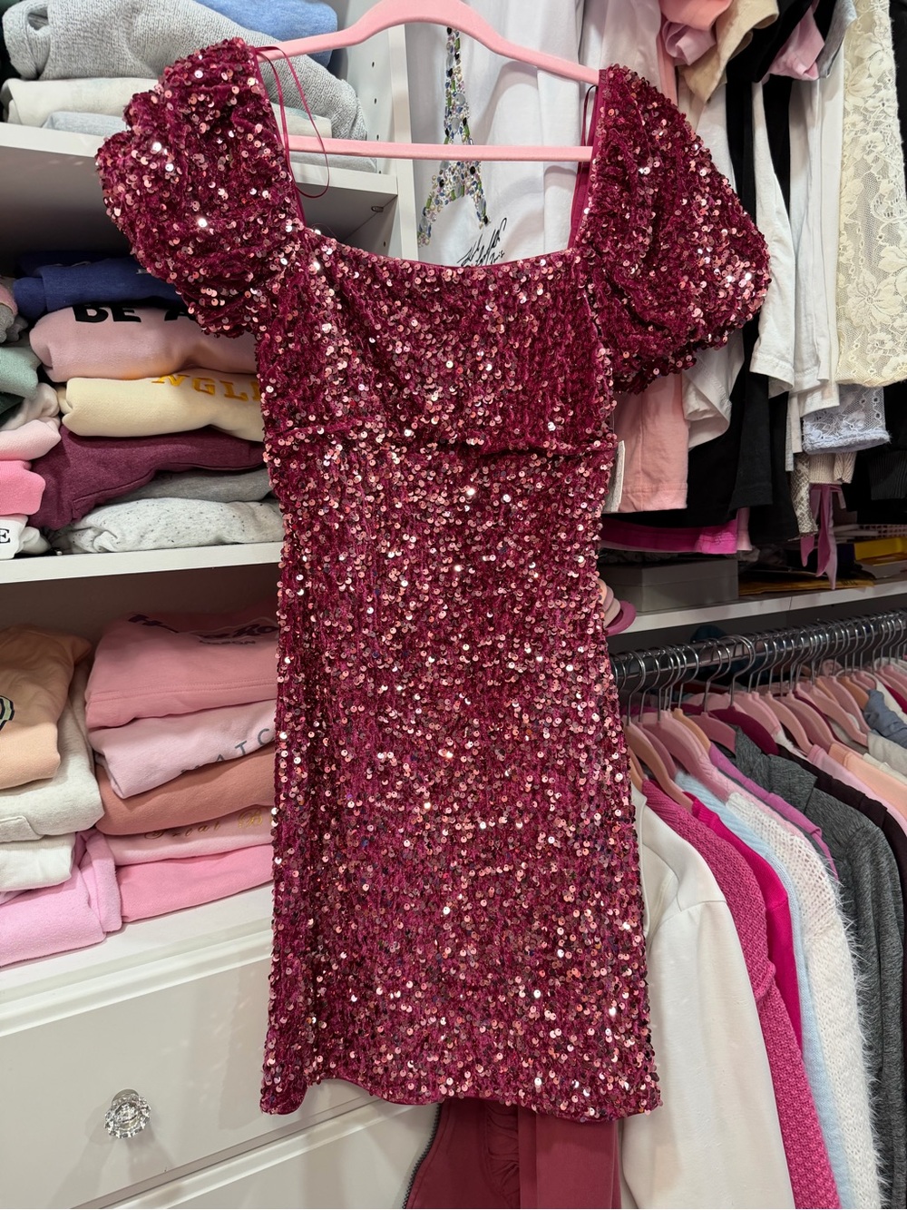 ALTAR’D STATE Sparkling Burgundy Sequin Puff-Sleeve Mini Dress, size XS, NEW